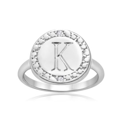 "K" Initial Diamond Pinkie Ring In Sterling Silver
