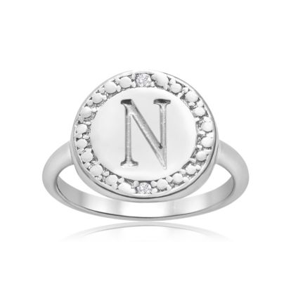 "N" Initial Diamond Pinkie Ring In Sterling Silver

