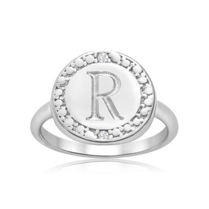 "R" Initial Diamond Pinkie Ring In Sterling Silver
