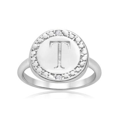 "T" Initial Diamond Pinkie Ring In Sterling Silver

