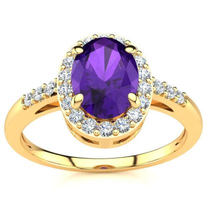 3/4 Carat Oval Shape Amethyst and Halo Diamond Ring In 14K Yellow Gold
