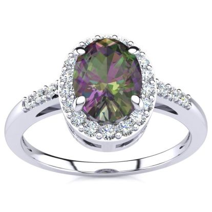 3/4 Carat Oval Shape Mystic Topaz Ring With Diamond Halo In 14 Karat White Gold