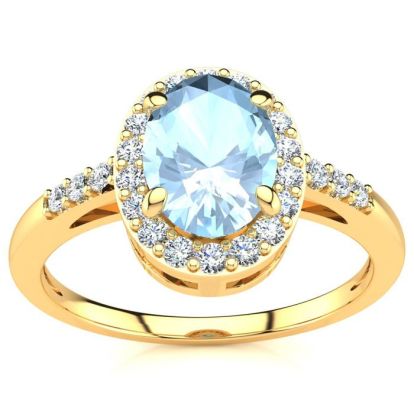 Aquamarine Ring: Aquamarine Jewelry: 1 Carat Oval Shape Aquamarine and Halo Diamond Ring In 14K Yellow Gold