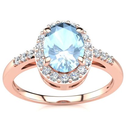 Aquamarine Ring: Aquamarine Jewelry: 1 Carat Oval Shape Aquamarine and Halo Diamond Ring In 14K Rose Gold