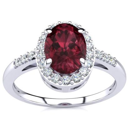 Garnet Ring: Garnet Jewelry: 1 Carat Oval Shape Garnet and Halo Diamond Ring In 14K White Gold