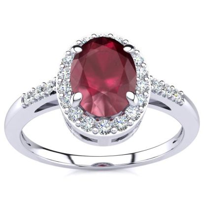 1 Carat Oval Shape Ruby and Halo Diamond Ring In 14K White Gold