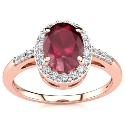 1 Carat Oval Shape Ruby and Halo Diamond Ring In 14K Rose Gold