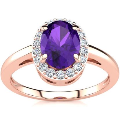 3/4 Carat Oval Shape Amethyst and Halo Diamond Ring In 14K Rose Gold
