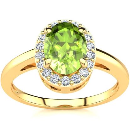 1 Carat Oval Shape Peridot and Halo Diamond Ring In 14K Yellow Gold
