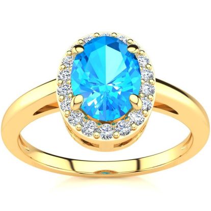 1 Carat Oval Shape Blue Topaz and Halo Diamond Ring In 14K Yellow Gold