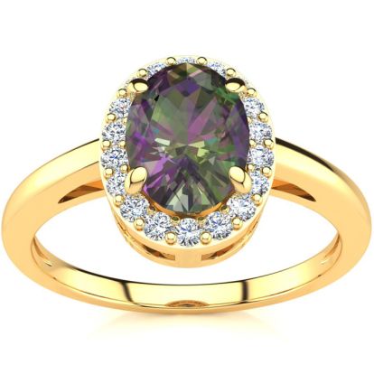 3/4 Carat Oval Shape Mystic Topaz Ring With Diamond Halo In 14 Karat Yellow Gold