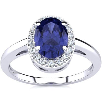 1 Carat Oval Shape Tanzanite and Halo Diamond Ring In 14K White Gold