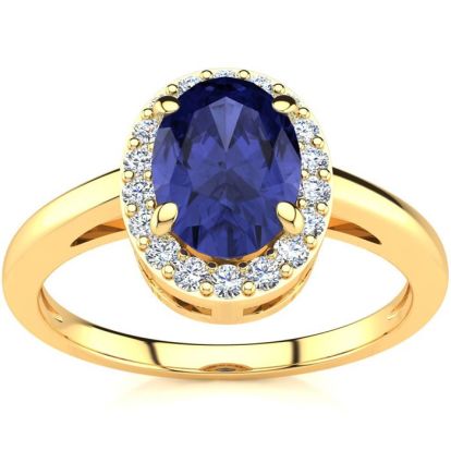 1 Carat Oval Shape Tanzanite and Halo Diamond Ring In 14K Yellow Gold