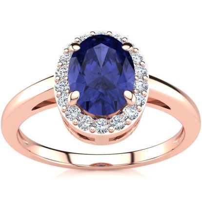 1 Carat Oval Shape Tanzanite and Halo Diamond Ring In 14K Rose Gold