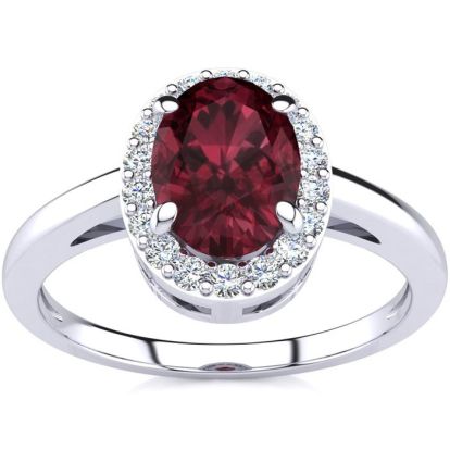 Garnet Ring: Garnet Jewelry: 1 Carat Oval Shape Garnet and Halo Diamond Ring In 14K White Gold