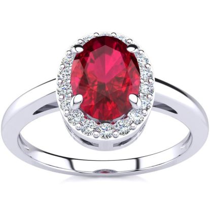 1 Carat Oval Shape Ruby and Halo Diamond Ring In 14K White Gold