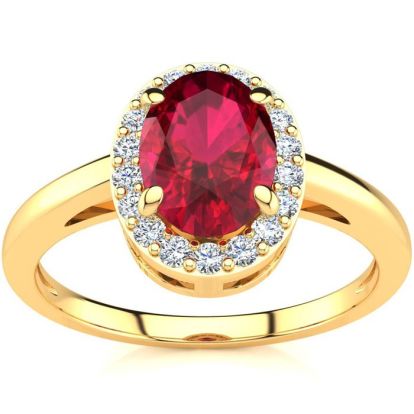 1 Carat Oval Shape Ruby and Halo Diamond Ring In 14K Yellow Gold