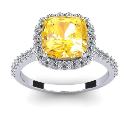 2 1/2 Carat Cushion Cut Citrine and Halo Diamond Ring In 14K White Gold