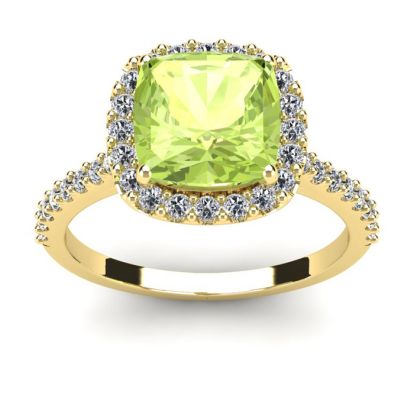 3 Carat Cushion Cut Peridot and Halo Diamond Ring In 14K Yellow Gold