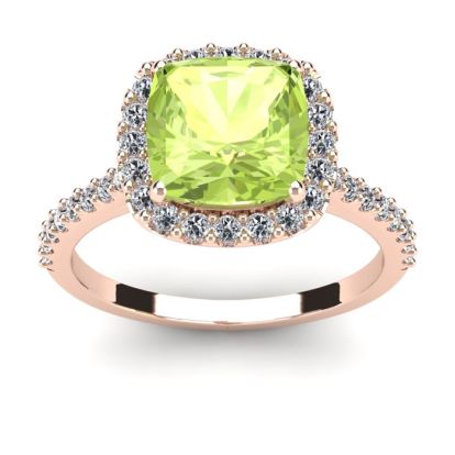 3 Carat Cushion Cut Peridot and Halo Diamond Ring In 14K Rose Gold
