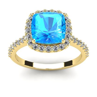 3 Carat Cushion Cut Blue Topaz and Halo Diamond Ring In 14K Yellow Gold