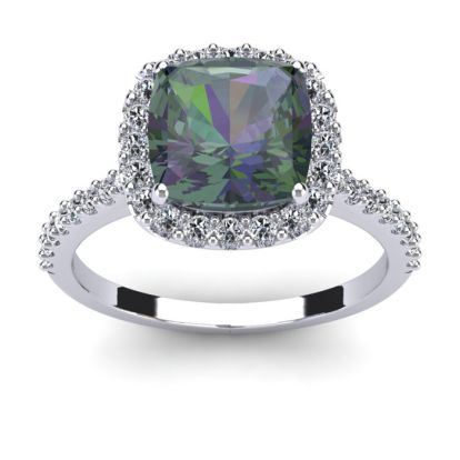 2-1/2 Carat Cushion Shape Mystic Topaz Ring With Diamond Halo In 14 Karat White Gold