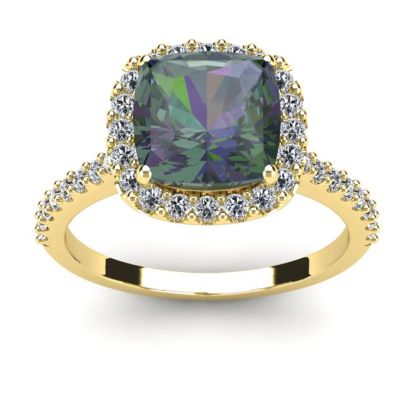 2-1/2 Carat Cushion Shape Mystic Topaz Ring With Diamond Halo In 14 Karat Yellow Gold