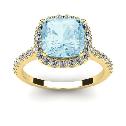 Aquamarine Ring: Aquamarine Jewelry: 2 1/2 Carat Cushion Cut Aquamarine and Halo Diamond Ring In 14K Yellow Gold