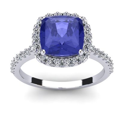 3 Carat Cushion Cut Tanzanite and Halo Diamond Ring In 14K White Gold

