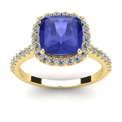 3 Carat Cushion Cut Tanzanite and Halo Diamond Ring In 14K Yellow Gold
