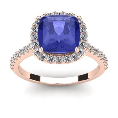 3 Carat Cushion Cut Tanzanite and Halo Diamond Ring In 14K Rose Gold

