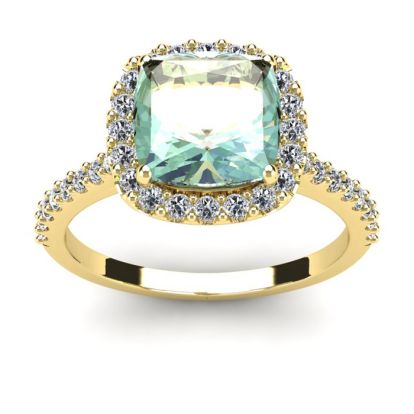 2 1/2 Carat Cushion Cut Green Amethyst and Halo Diamond Ring In 14K Yellow Gold