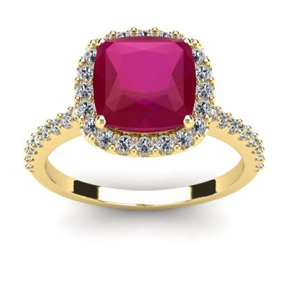 3 1/2 Carat Cushion Cut Ruby and Halo Diamond Ring In 14K Yellow Gold