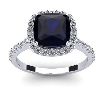 3 1/2 Carat Cushion Cut Sapphire and Halo Diamond Ring In 14K White Gold