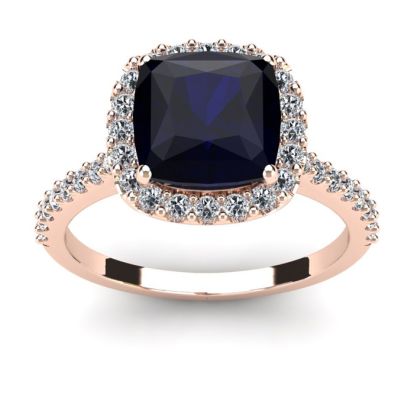 3 1/2 Carat Cushion Cut Sapphire and Halo Diamond Ring In 14K Rose Gold