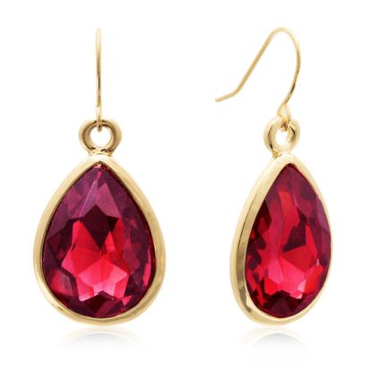 18 Carat Pear Shape Ruby Red Crystal Earrings, Gold Overlay