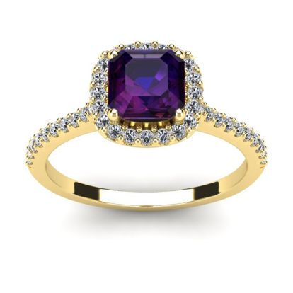 1 Carat Cushion Cut Amethyst and Halo Diamond Ring In 14K Yellow Gold