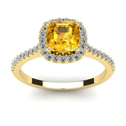 1 Carat Cushion Cut Citrine and Halo Diamond Ring In 14K Yellow Gold
