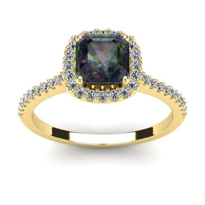 1-1/2 Carat Cushion Shape Mystic Topaz Ring With Diamond Halo In 14 Karat Yellow Gold
