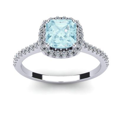 Aquamarine Ring: Aquamarine Jewelry: 1 Carat Cushion Cut Aquamarine and Halo Diamond Ring In 14K White Gold