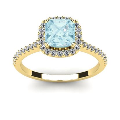 Aquamarine Ring: Aquamarine Jewelry: 1 Carat Cushion Cut Aquamarine and Halo Diamond Ring In 14K Yellow Gold