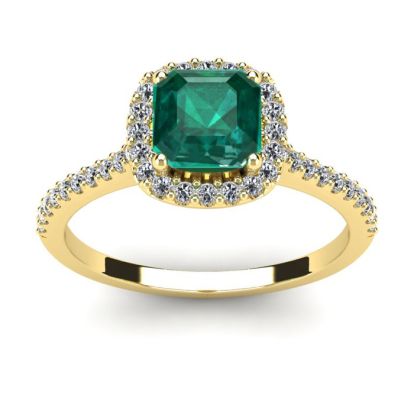 1 1/2 Carat Cushion Cut Created Emerald and Halo Diamond Ring In 14K Yellow Gold
