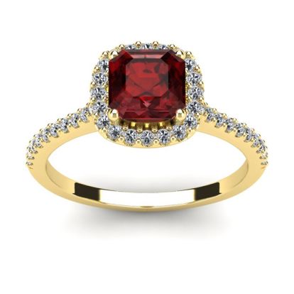 Garnet Ring: Garnet Jewelry: 1 1/2 Carat Cushion Cut Garnet and Halo Diamond Ring In 14K Yellow Gold
