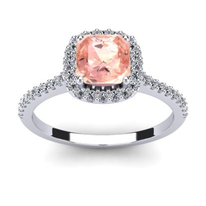 1-1/4 Carat Cushion Cut Morganite and Halo Diamond Ring In 14K White Gold