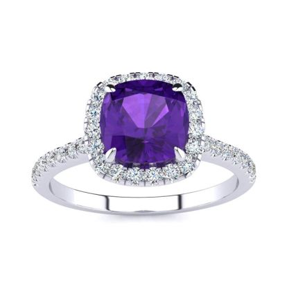 2 Carat Cushion Cut Amethyst and Halo Diamond Ring In 14K White Gold