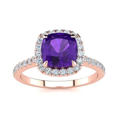 2 Carat Cushion Cut Amethyst and Halo Diamond Ring In 14K Rose Gold
