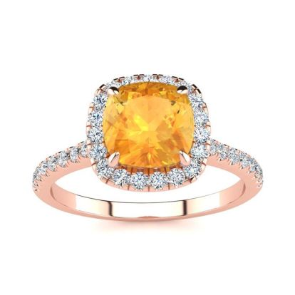 2 Carat Cushion Cut Citrine and Halo Diamond Ring In 14K Rose Gold