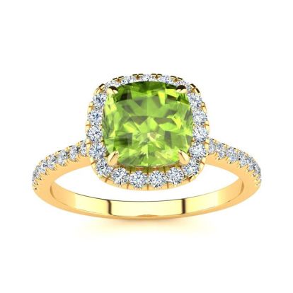 2 Carat Cushion Cut Peridot and Halo Diamond Ring In 14K Yellow Gold