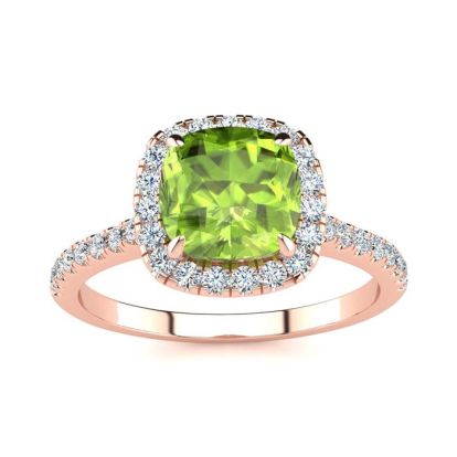 2 Carat Cushion Cut Peridot and Halo Diamond Ring In 14K Rose Gold