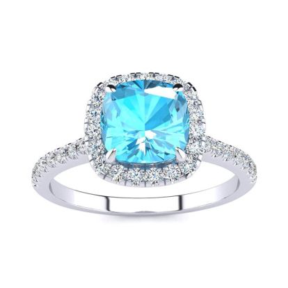 2 Carat Cushion Cut Blue Topaz and Halo Diamond Ring In 14K White Gold